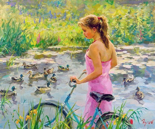 велосипедист у пруда